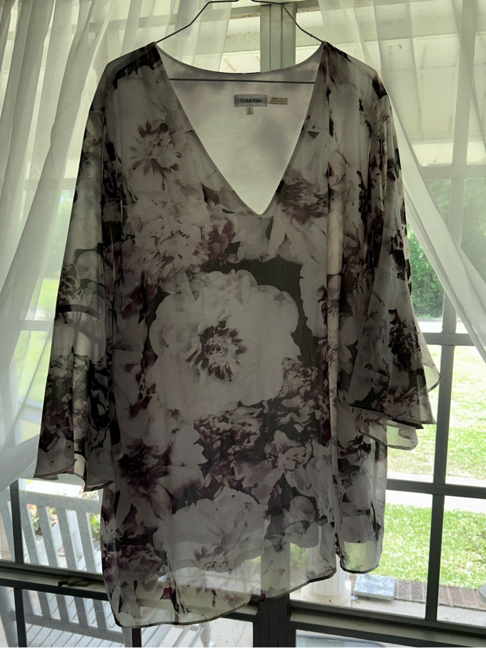 Calvin Klein Sheer Floral V-Neck Blouse in White and Purple